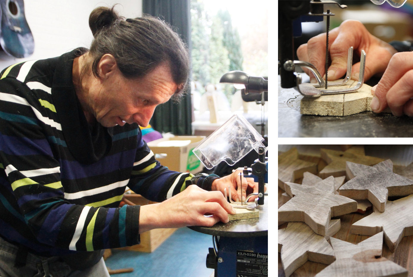 Eine Person sägt Sterne aus Holz