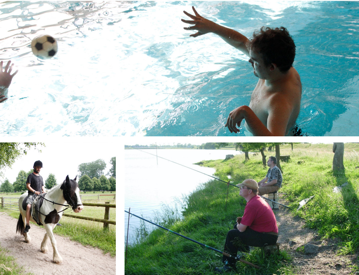 Zusammenstellung von Freizeitangeboten: Wassersport, Reiten und Angeln 