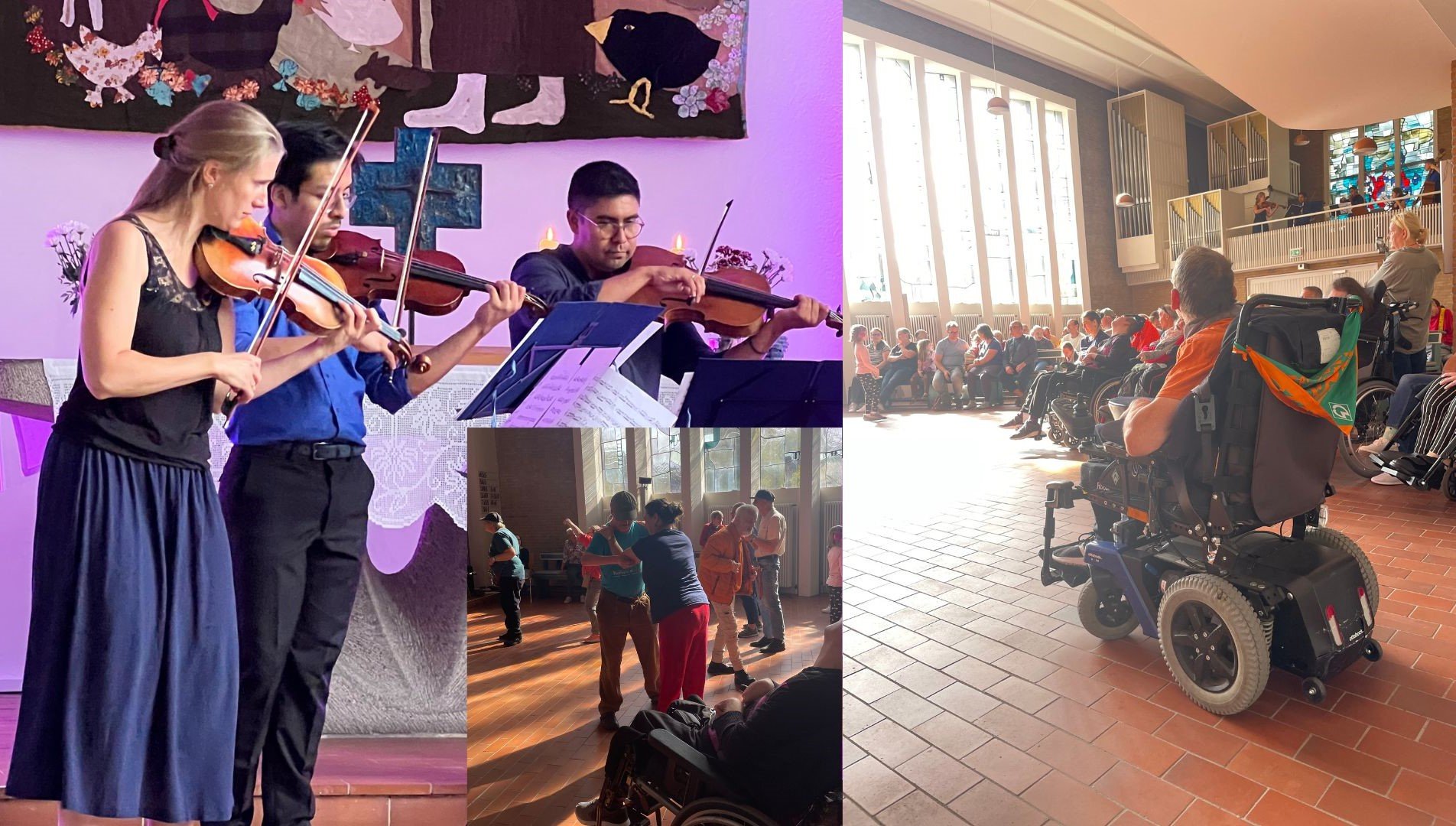 Fotocollage: Drei Menschen spielen in festlicher Kleidung Geige. Ein Mann sitzt in einem Rollstuhl in einer mit Menschen gefüllten Kirche. Zwei Menschen tanzen in einer Kirche. 